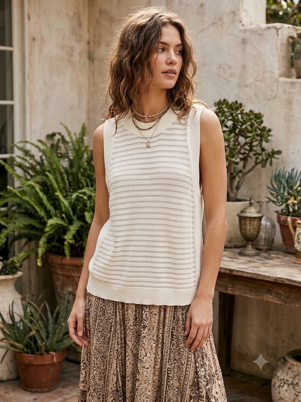 Unbranded Old Money Open-Knit Semi-Sheer Sleeveless Tank Vest Top Cream White M